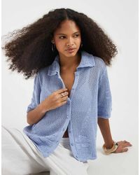Vero Moda - Short Sleeve Floral Crochet Knit Button Front Polo Top - Lyst