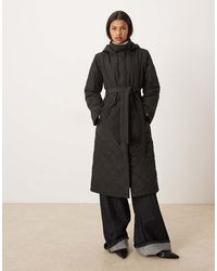 Vila - Quilted Longline Coat With Hood - Lyst