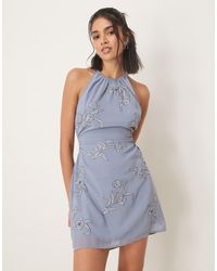 ASOS - Vestito Corto Blu Polvere Allacciato Al Collo Aperto Sul Retro Ricamato A Fiori - Lyst