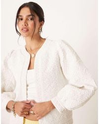 Mango - Cotton Embroidered Collarless Jacket With Puff Sleeves - Lyst