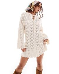 Mango - Crochet Long Sleeve Mini Dress - Lyst