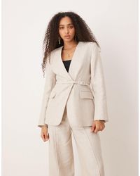 Mango - Linen V-Neck Blazer With Cinch Waist Belt Detail Co-Ord - Lyst