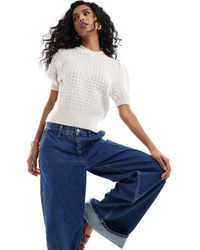 ASOS - Camiseta Con Mangas Abullonadas Y Patrón Calado De Punto De -Blanco - Lyst