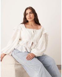 ARRANGE - Curve Cotton Voile Lace Trim Blouse With Tie Front - Lyst