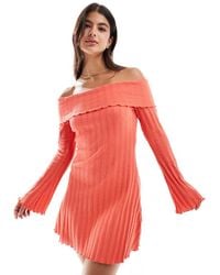 Pieces - Off The Shoulder Ribbed Mini Dress With Lettuce Edge Detail - Lyst