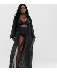 ASOS Asos Design Curve - Chiffon Strandkimono Met Lange Mouwen En Overslag - Zwart