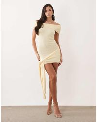 Aria Cove - Boucle Knit Twist Bardot Knot Drape Front Mini Dress - Lyst