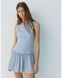 Pull&Bear - Korte Geruite Jurk Met Volumineuze Zoom - Lyst