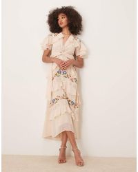Hope & Ivy - Geborduurde Midi-Jurk Met V-Hals En Stroken - Lyst