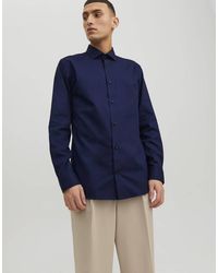 Jack & Jones - Parker Camisa De Manga Larga Corte Slim Con Cuello Italiano En Azul Marino - Lyst