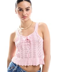 Miss Selfridge - Crochet Contrast Satin Lace Up Bow Cami - Lyst