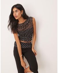 ASOS - Top Negro Fruncido De Manga Corta Con Estampado De Lunares Y Escote Bardot De Malla De (Parte De Un Conjunto) - Lyst