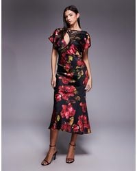 ASOS - Lace Applique Grown On Sleeve Bias Cut Satin Maxi Dress - Lyst