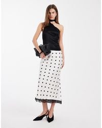 New Look - Polka Dot Lace Trim Satin Midi Skirt - Lyst