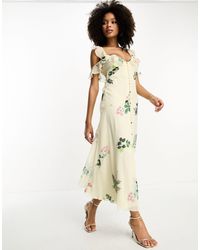 ASOS - Vestito al polpaccio con stampa a fiori limone e bottoni con maniche con volant arricciate - Lyst