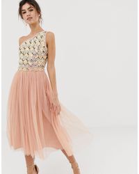 asos edition embellished showgirl midi dress with faux feathers