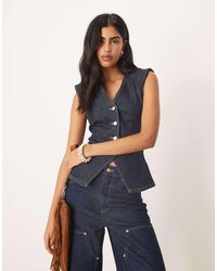 ASOS - Chaleco De Traje Vaquero Con Lavado Enjuagado, Hombreras Y Cintura Ceñida De -Azul Marino - Lyst