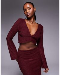 ASOS - Co-Ord Brushed Rib V Front Crop Top With Flare Sleeve - Lyst