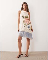 ASOS - Embroidery Mini Dress With Fringe Hem - Lyst