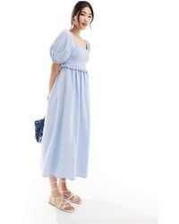 New Look - Shirred Puff Sleeve Linen Blend Midi Dress - Lyst