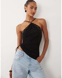 ASOS - Slinky Ruched Cut Out Halter With Lace Trim - Lyst