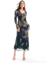 ASOS - Vestido Midi De Manga Larga Con Lazada Delantera, Falda De Corte Al Bies Y Estampado De - Lyst
