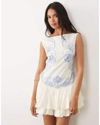 ASOS - Embroidered Open Back Puff Ball Mini Dress - Lyst