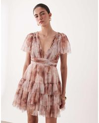 LACE & BEADS - V Neck Ruffle Skirt Mini Dress - Lyst