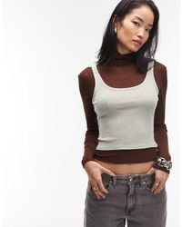 ASOS - Top Marrón Chocolate Y Menta De Manga Larga Con Cuello Alzado Y Diseño De Doble Capa De Tejido Transparente De - Lyst