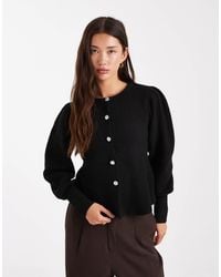 Pieces - Cinched Waist Balloon Sleeve Cardigan With Hammered Buttons - Lyst