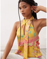 Reclaimed (vintage) - Top Giallo Con Stampa A Fiori E Dettaglio Stile Sciarpa - Lyst