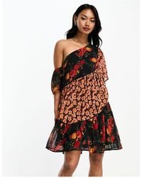 ASOS - Chiffon One Shoulder Mini Smock Dress With Spliced Mixed Prints - Lyst