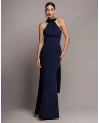 Goddiva - Sculpting Stretch Jersey & Velvet Satin Cape Sleeve Halterneck Maxi Dress - Lyst