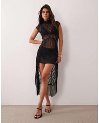 ASOS - Lace High Neck Asymmetric Top With Fringing - Lyst