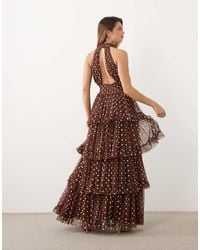 LACE & BEADS - Tulle Tiered High Neck Maxi Dress - Lyst