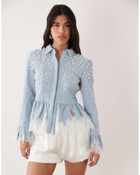 ASOS - Peplum Denim Corset Shirt With Lace And Pearl Detail - Lyst