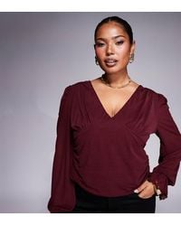 ASOS - Top De Manga Larga Con Cuello De Pico De Tejido Semitransparente De Asos Design Curve-Rojo - Lyst