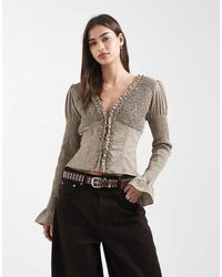 Daisy Street - Ruffle Shirred Fitted Long Sleeve Shirt - Lyst