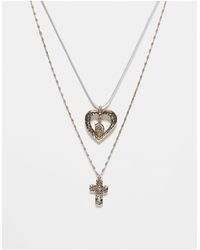 Reclaimed (vintage) - Collier double rang unisexe à pendentifs croix et cœur - Lyst