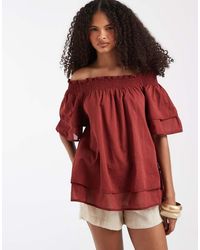 Aware - Off Shoulder Ruffle Top With Smock Detail - Lyst