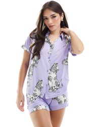 Chelsea Peers - – exklusives set aus polyester mit kurzärmligem hemd mit reverskragen und shorts mit tiger-print - Lyst