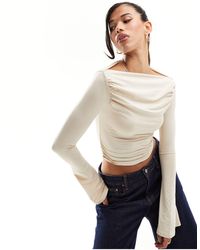 Edikted - Cream Ruched Boat Neck Long Sleeve Top - Lyst