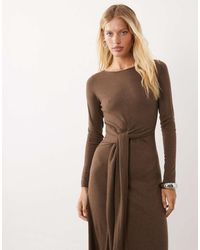 Mango - Boat Neck Long Sleeve Midi Dress With Tie Waist - Lyst