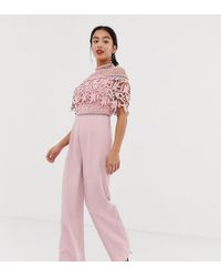 Chi Chi London High Neck Lace Top Jumpsuit In Pink