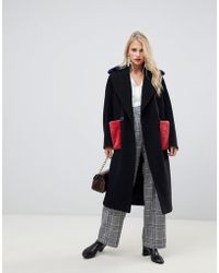 Helene Berman Double Breasted Coat With Contrast Faux Fur Pockets - Black
