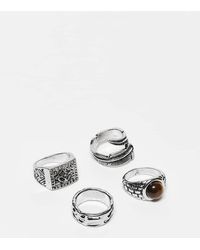 ASOS - Set Van 4 Ringen Met Wikkel-Veerdesign, Steen En Zegelring - Lyst