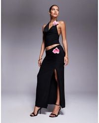 ASOS - Co-ord Slinky Ruched Waist Maxi Skirt With Floral Trim Detail - Lyst