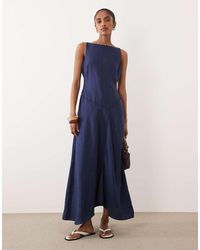 ASOS - Premium 100% Linen Slash Neck Midi Dress With Asymmetric Dropped Waist And Hanky Hem - Lyst