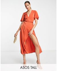 ASOS - Asos Design Tall Satin Wrap Midi Dress With Flutter Sleeve And Tie Detail - Lyst