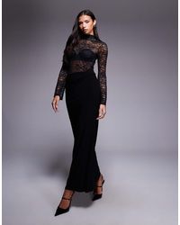 ASOS - High Neck Long Sleeve Sheer Lace With Draped Waist Faux Ord Maxi Dress - Lyst